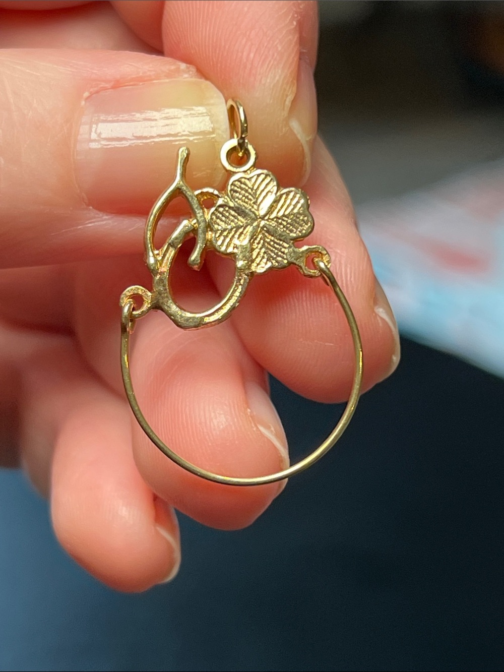14k Solid Gold Lucky Wishbone Clover Horseshoe Charm Holder Pendant Hoop Loop